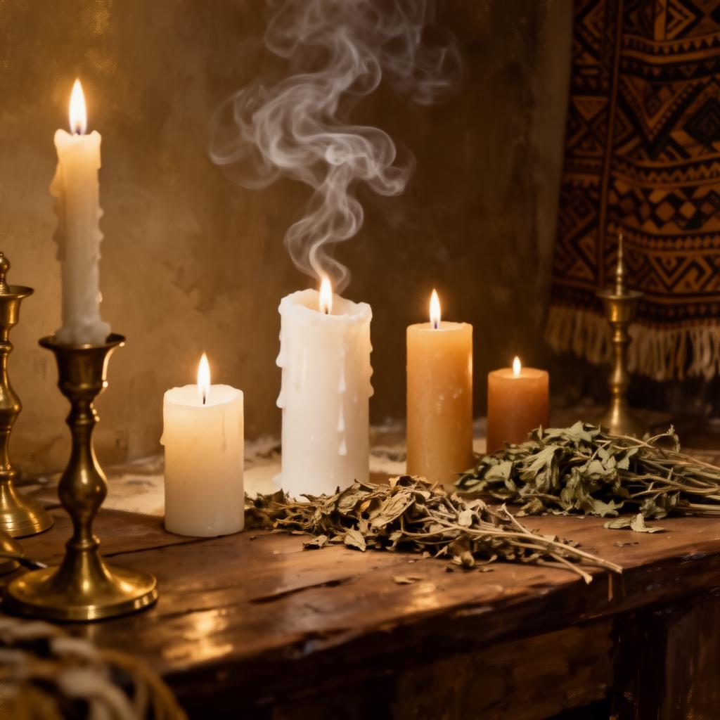 Altar de Umbanda com velas, defumação e elementos sagrados