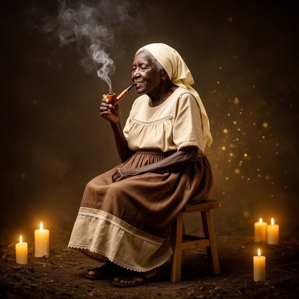 Preta Velha sentada com cachimbo, símbolo de sabedoria espiritual da Umbanda